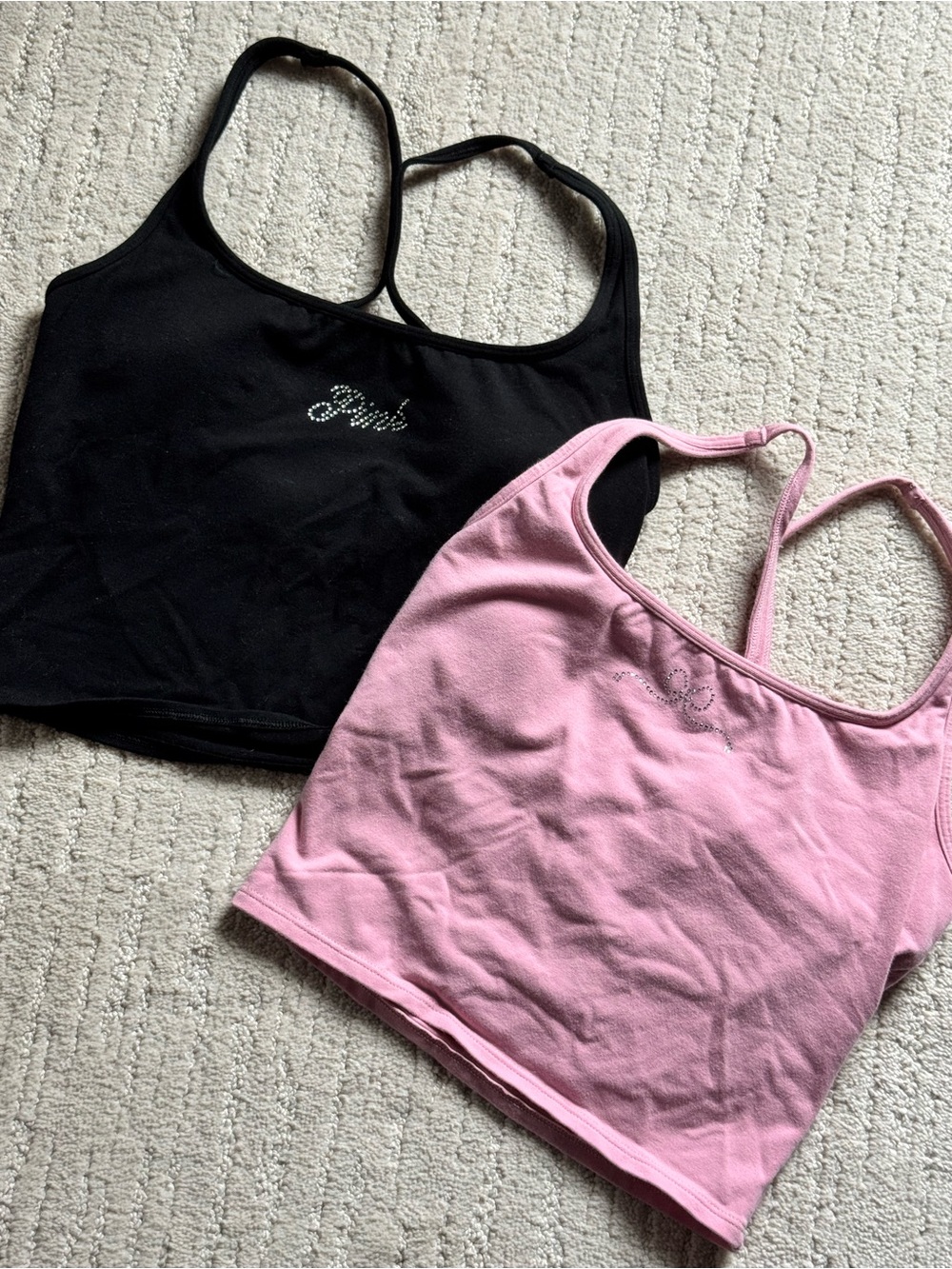 Victorias Secret Pink, Pink and Black Rhinestone-Logo Tank Tops - Women Size M